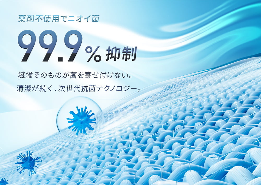 薬剤不要でニオイ菌99.9%要請する、繊維そのものが菌を寄せ付けない為、清潔が続く次世代抗菌テクノロージーのCGイメージ